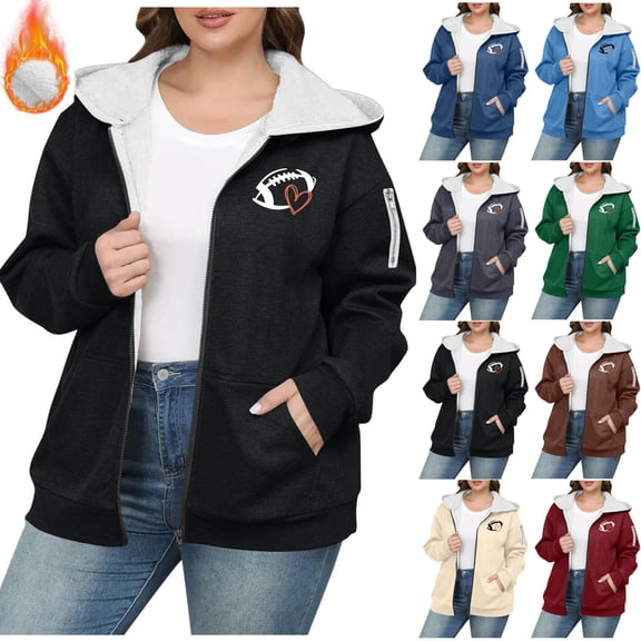 Jsaierl Zip Up Hoodies for Women Casual Football Print Hooded Sweatshirt Classic Comfort Long Sleeve Jackets Winter Fashion L-5XL