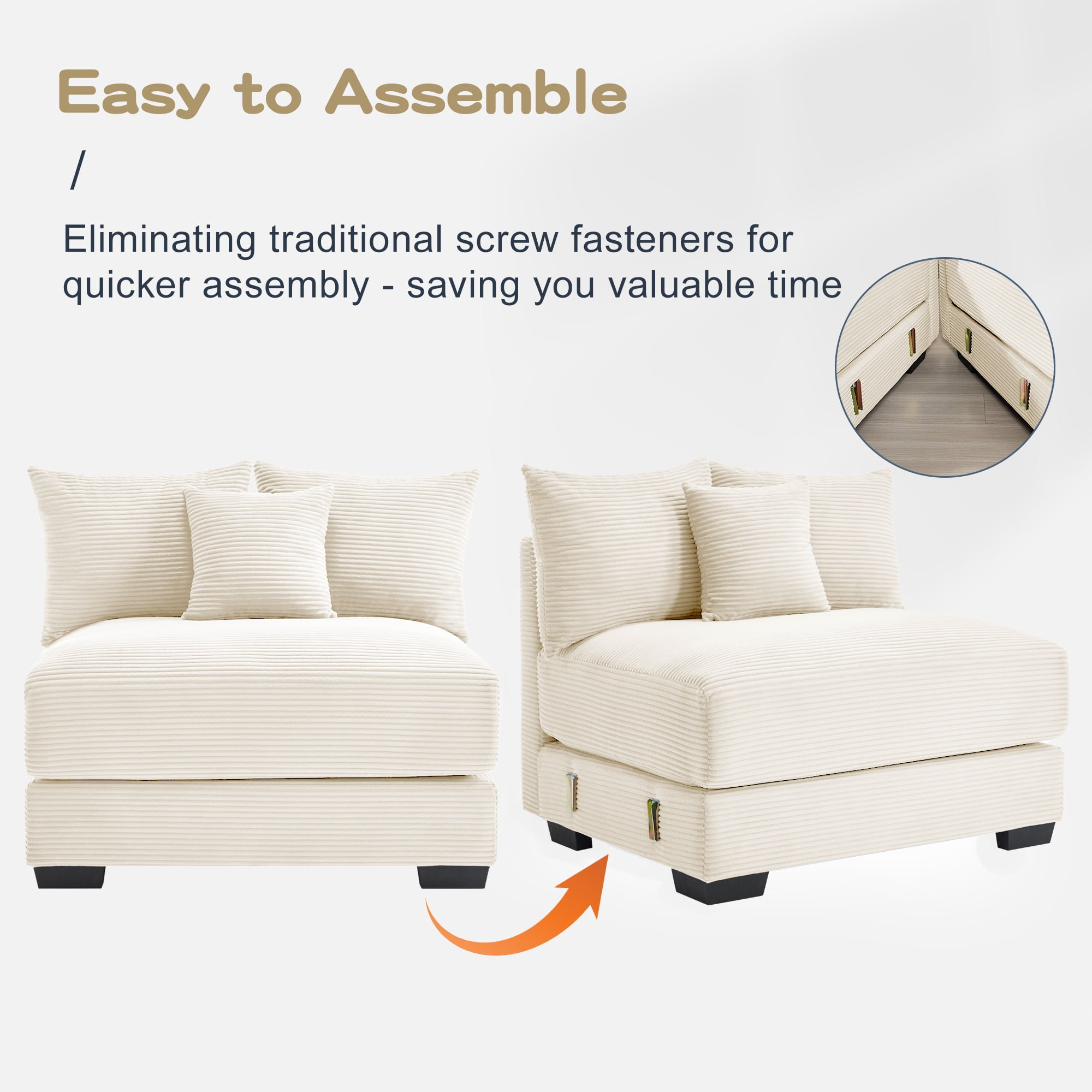 Anpport 130" Cloud Modular 3-Seater Beige Corduroy Sofa, Washable Removable Covers, Double-Layer Thick Cushions, Wide Armrest Small, Apartment