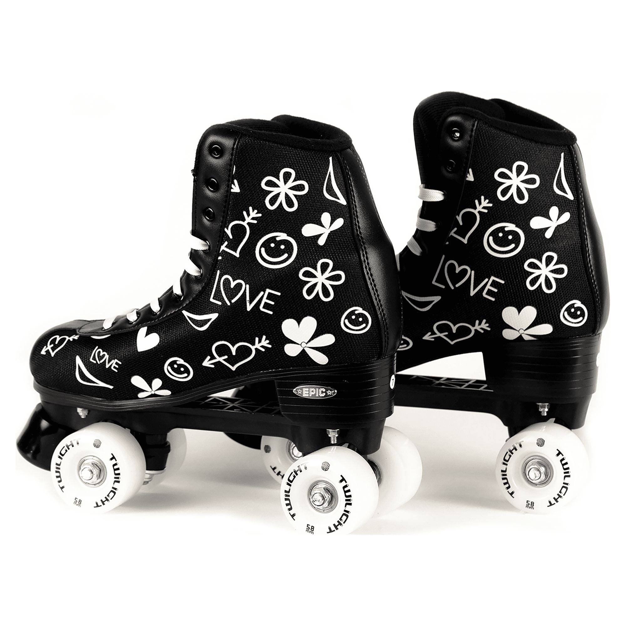 Epic Classic Black High-Top Quad Roller Skate Bundle w/Bag, Laces, and Pom  Poms