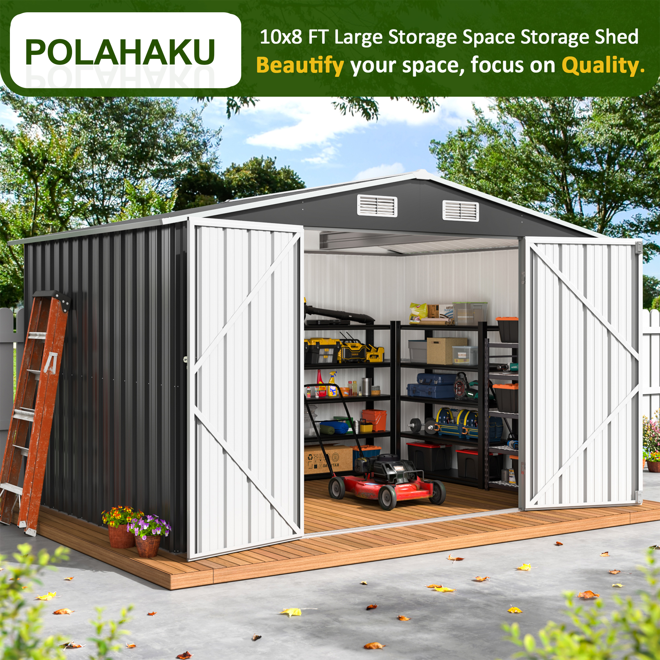POLAHAKU 10 x 8 ft Outdoor Storage Shed, Metal Storage Shed with Thickened Metal Upgrade Frame and Lockable Door for Garden, Patio, Backyard