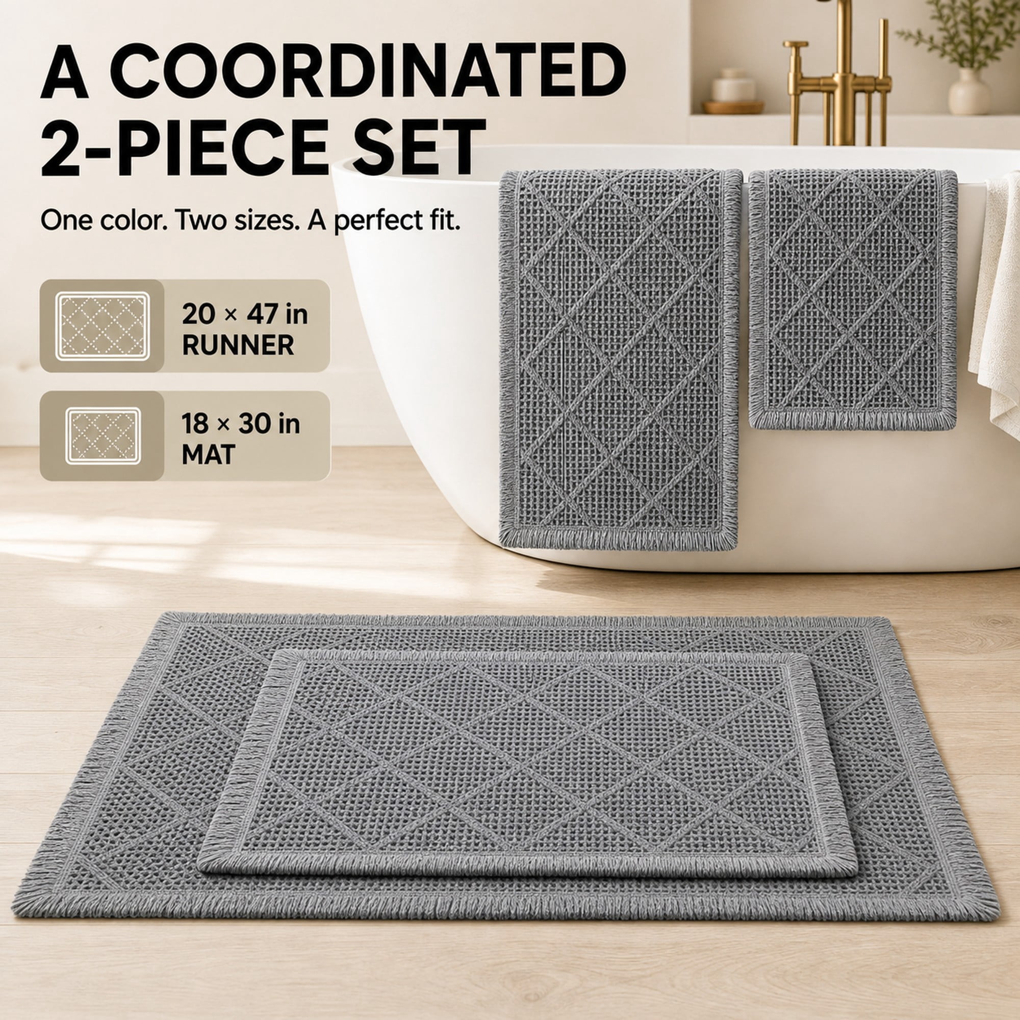 HBK 2 Piece Waffle Bath Mat Set, Non-Slip Bathroom Rugs, Absorbent & Machine Washable Shower Runner, Grey & White, 20 x 47 and 18 x 30 Inches
