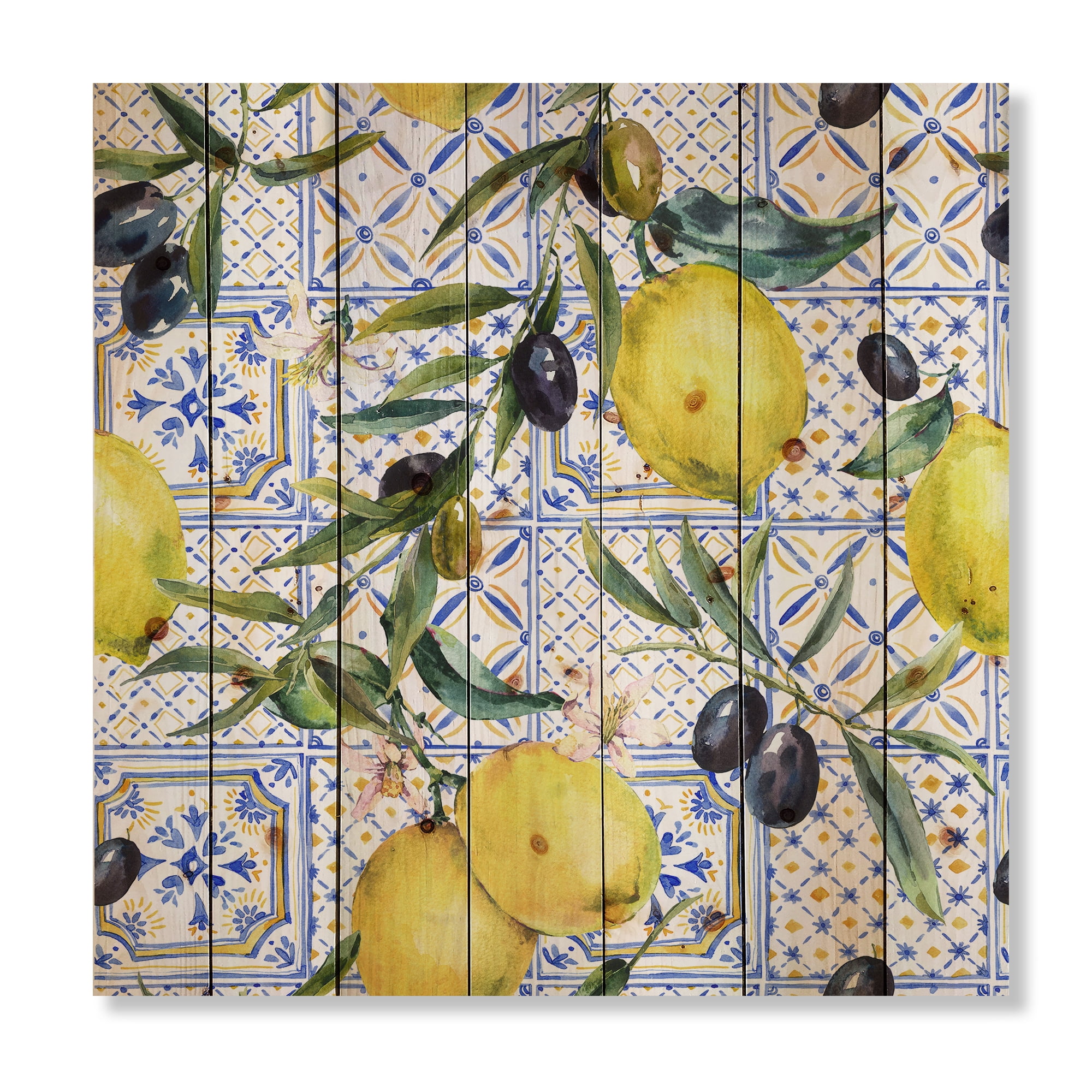 Designart 'Geometrical Pattern of Lemon Ornament On Blue III' Tropical Print on Natural Pine Wood