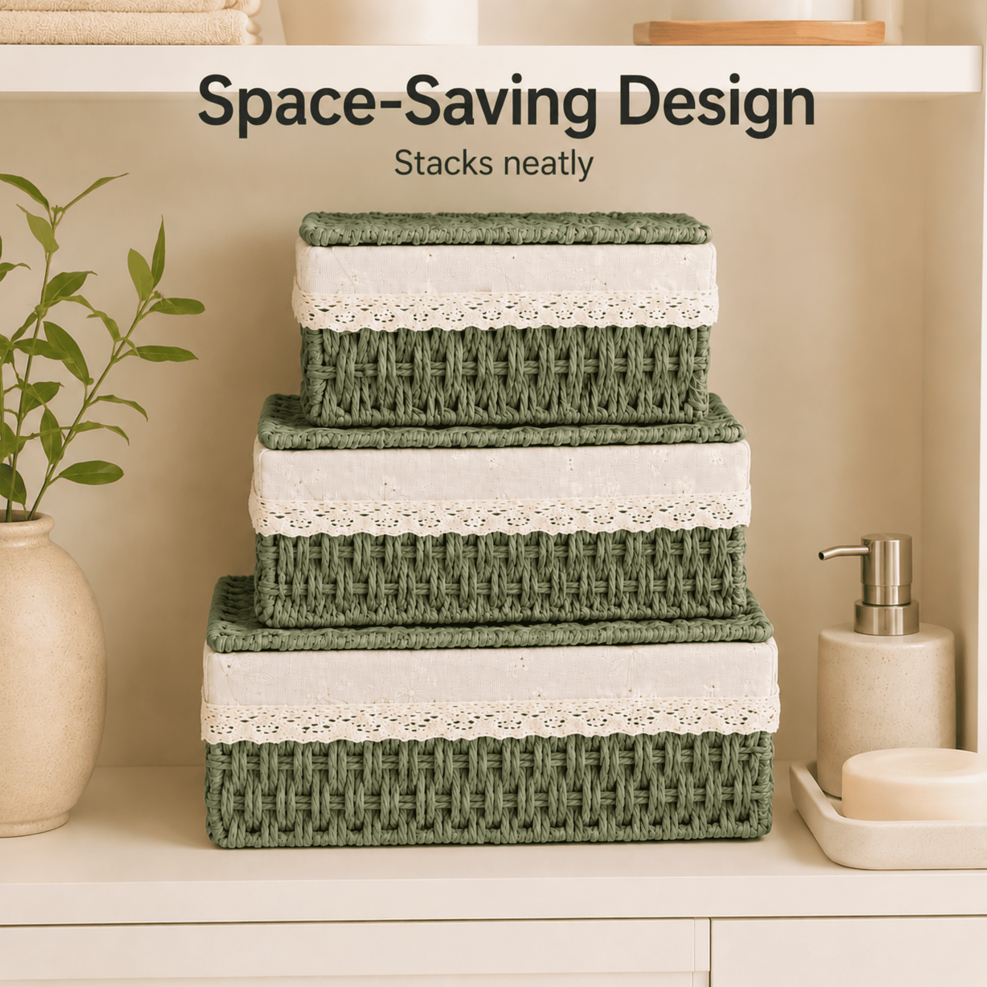 MEHOOM Wicker Woven Set of 3 Storage & Organization, Woven Storage Baskets for Bedroom, Closet, Table, or Living Room (Green)