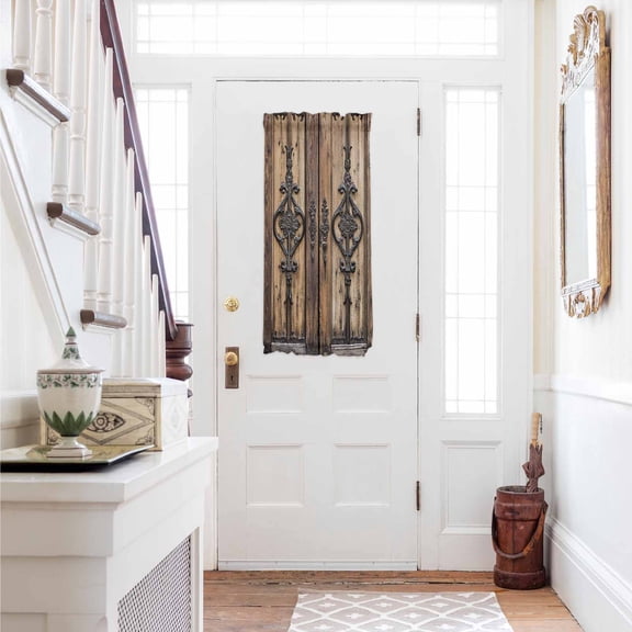 Wooden Plank Door Curtains for Door Window, French Sidelight Front Back Door Curtains With Tieback, Rustic Farmhouse Brown Black Barn Door Kitchen Rod Pocket Drapes Panel, 25"x40"