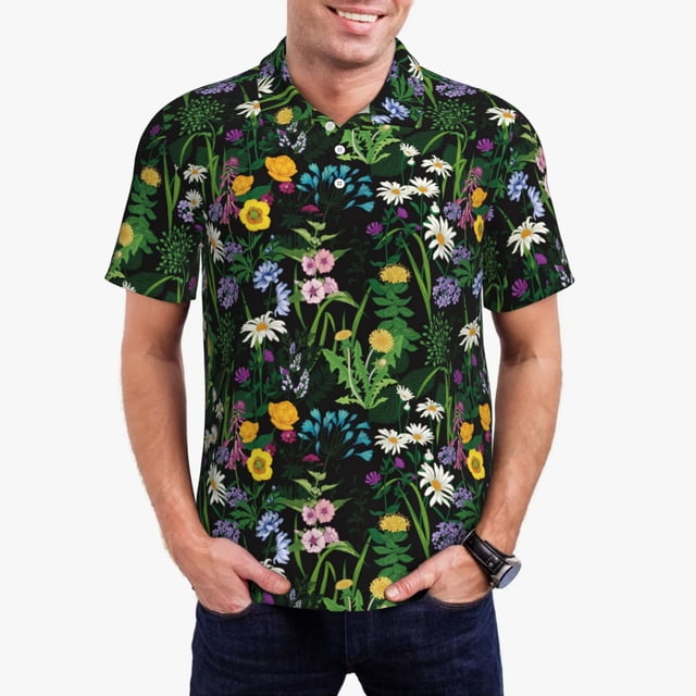 Balery Chamomile Camisa Polo de Hombre con Estampado, de Manga Corta y Tejido Medio, Camisa Tipo Golf Polo-4X-Large
