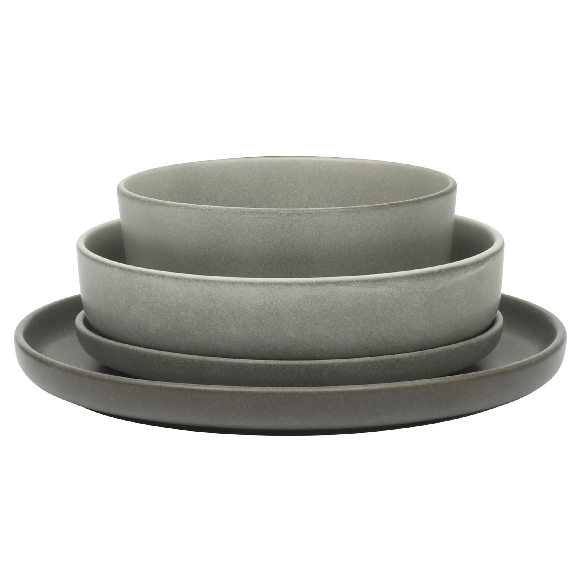 Gibson Soho Lounge Pasco 16 Piece (Service for 4) Plates and Bowls Double Bowl Reactive Glaze Dishes Stoneware Ceramic Dinnerware Set - Grey