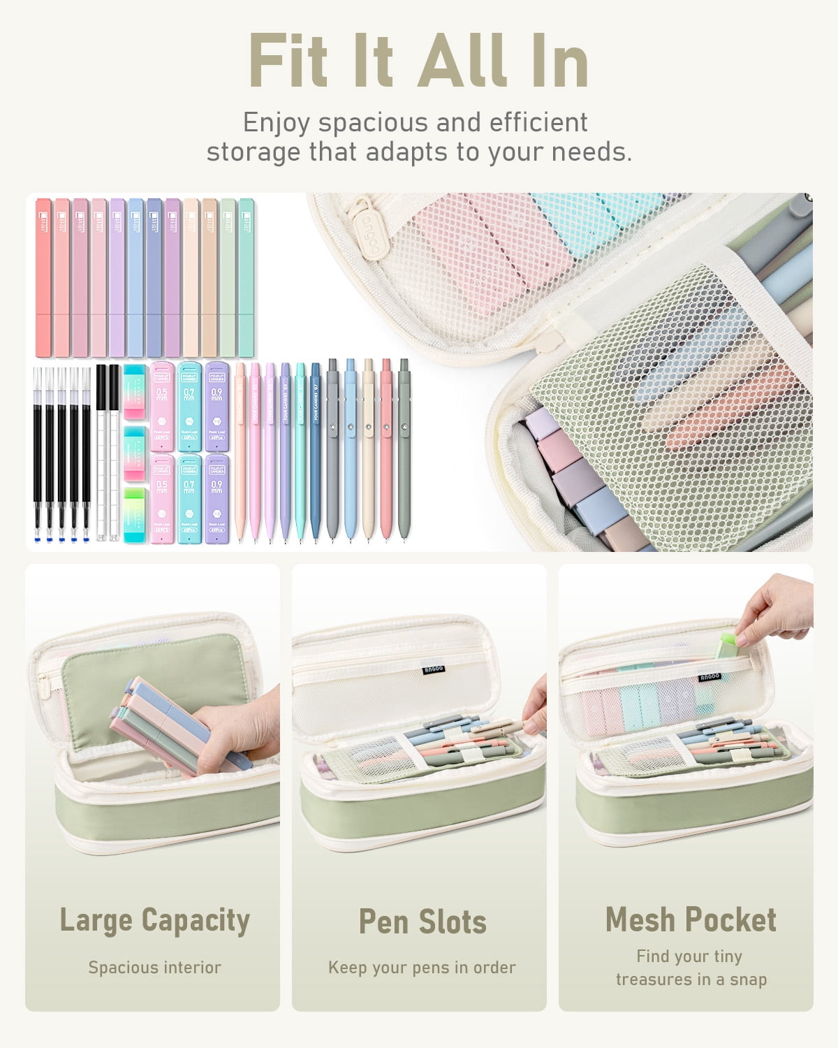 Four Candies 39 PCS, 12 Highlighters, 5 Black Gel Pens, 6 Mechanical Pencil Set 0.5 & 0.7 mm for Stationary College Essentials (Green)