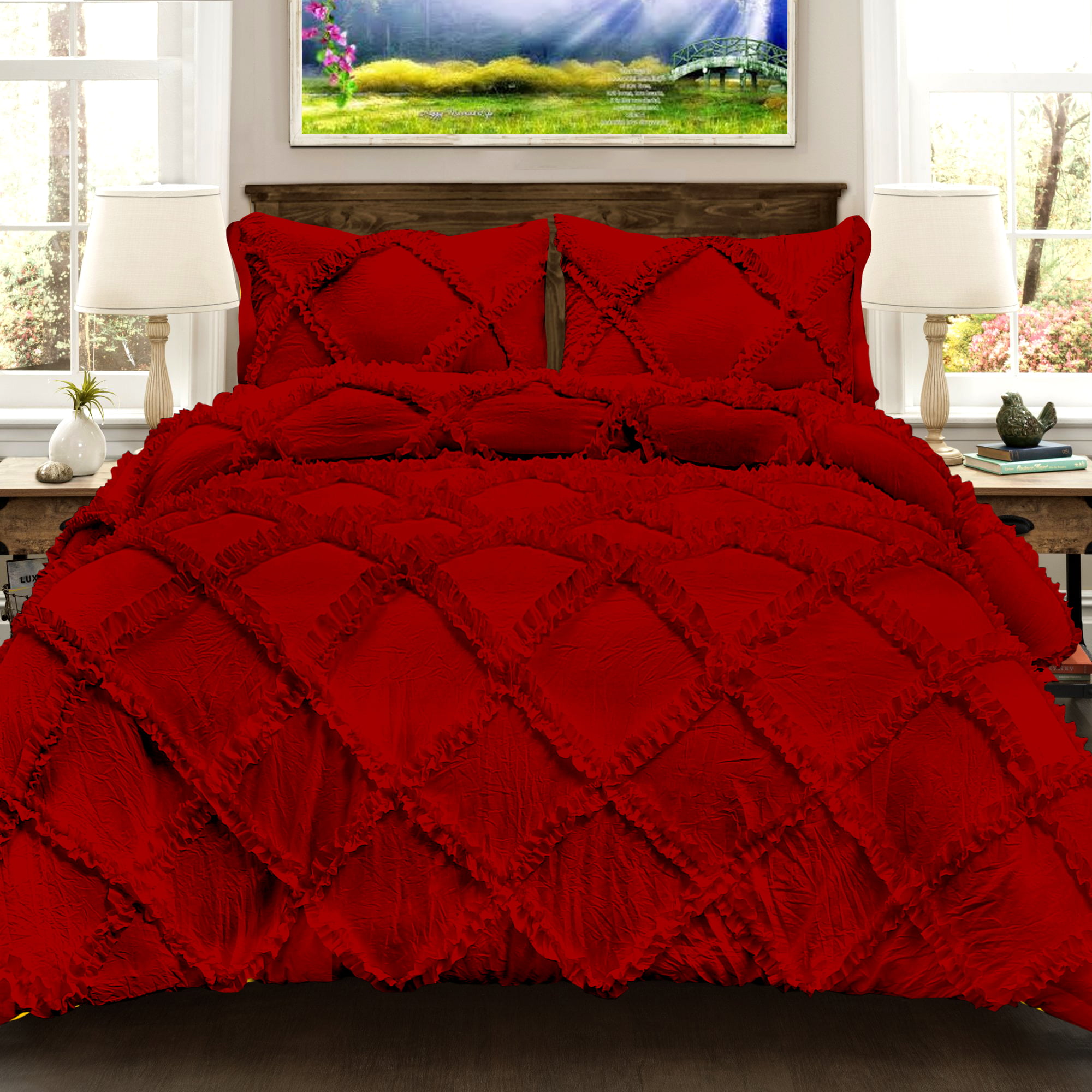 Solid Blood Red King California, Ruffle Duvet Cover King