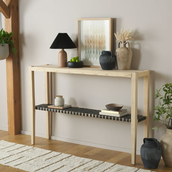 Safavieh Sigurd Scandinavian Wood and Leather Console Table, Black/Natural