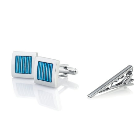 Blue Print Cufflinks - Men's Blue Silver Square Cufflinks + Silver Tie Clip