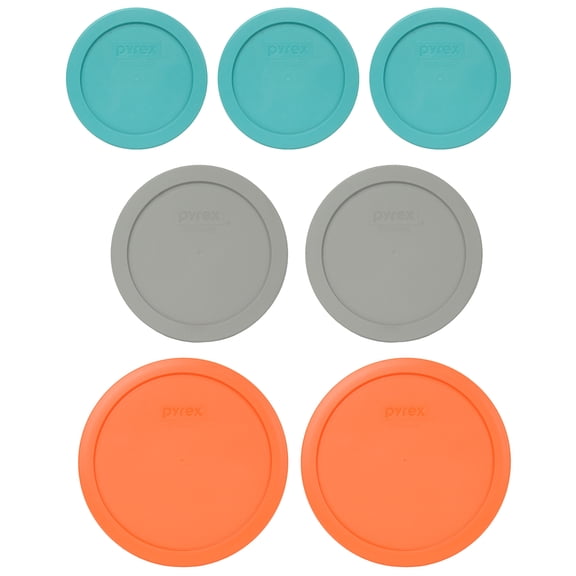 Pyrex (3) 7200-PC Turquoise, (2) 7201-PC Jet Grey, & (2) 7402-PC Orange Plastic Food Storage Replacement Lids