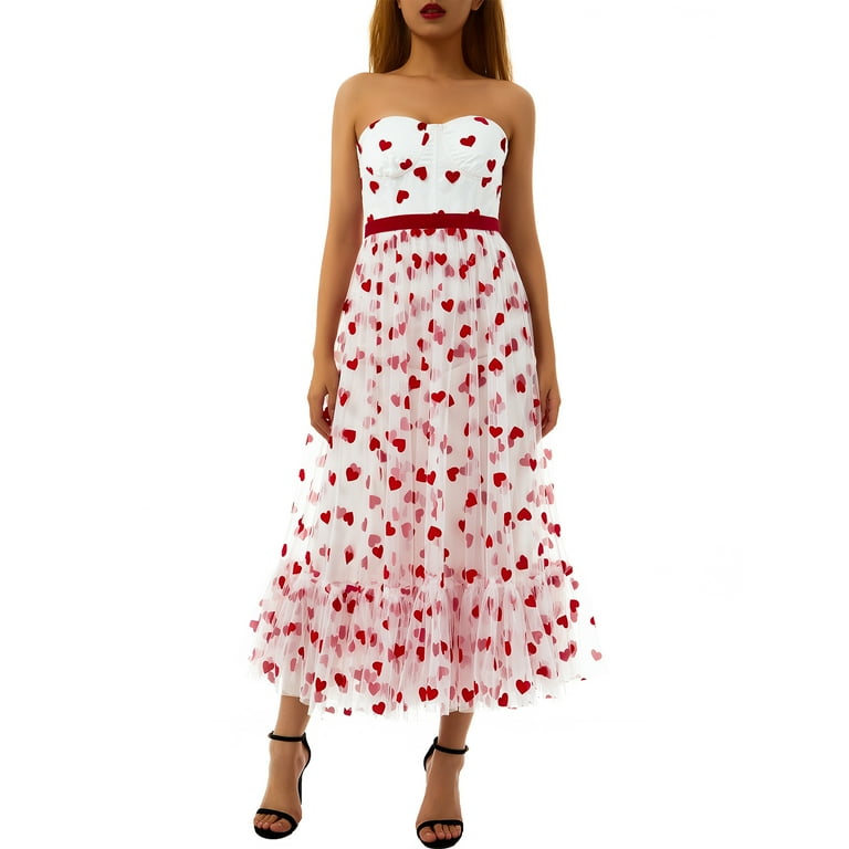 Qiylii Women Love Heart Tulle Dress Off Shoulder Long Dress Layered Puffy  Tube Dress Valentine's Day Date Night Dress - Walmart.com