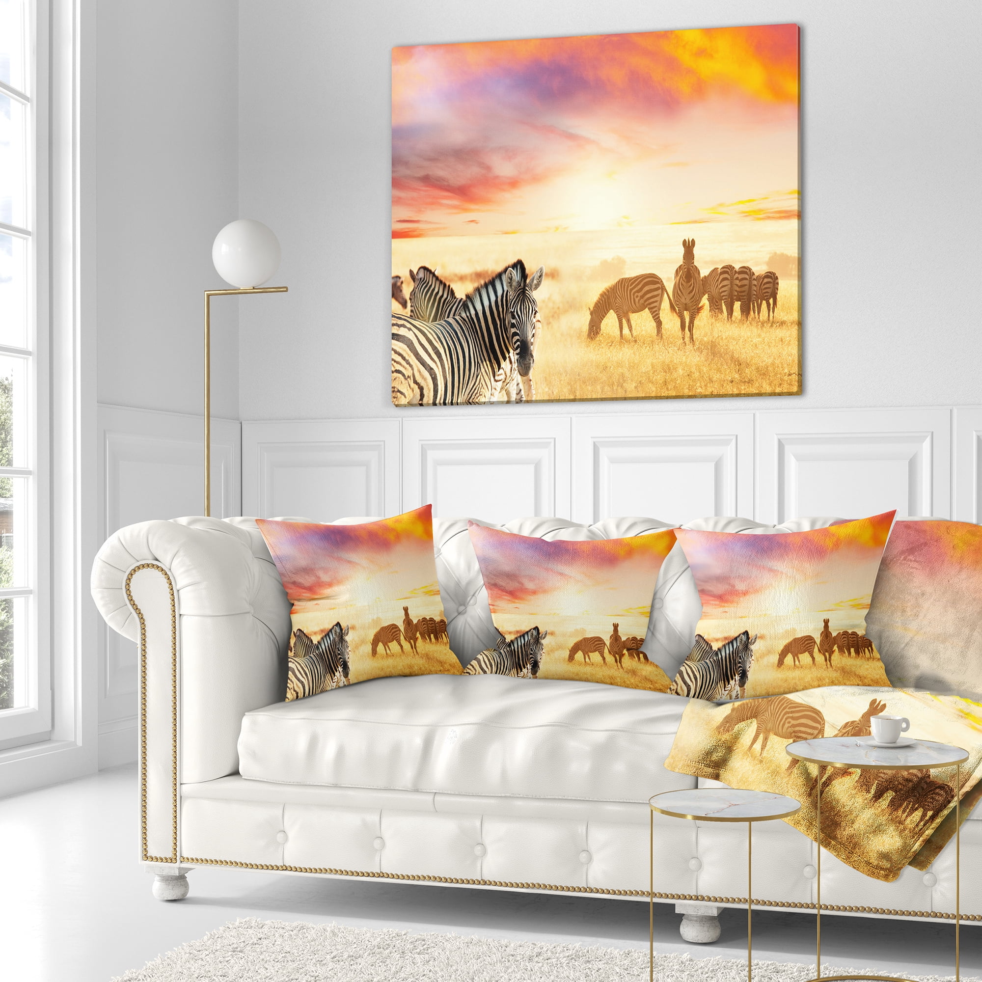 Designart Cute Zebras Grazing in Grassland - Animal Throw Pillow - 16x16