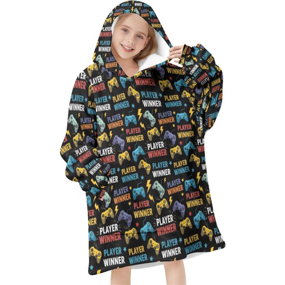 Game Controller Black Pattern Flannel Blanket Hoodies for Teens ,Teens Oversize Sherpa Wearable Hooded Blanket Sweatshirt with Super Pockets