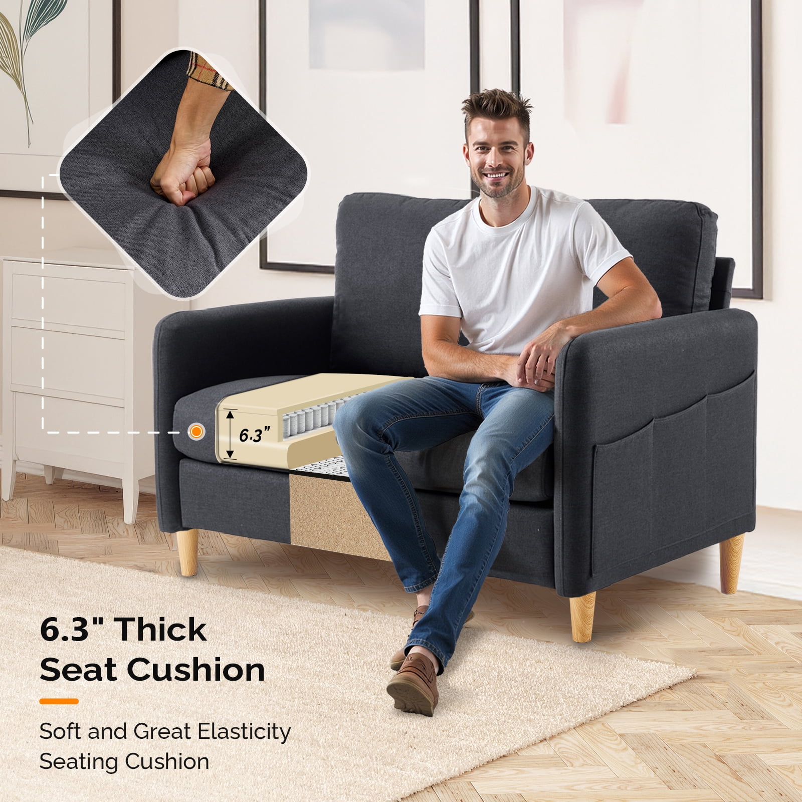 Ktaxon Loveseat Sofa with Side Bags 47" 2-Seat Small Couch with Wood Legs for Living Room Bed Room Black
