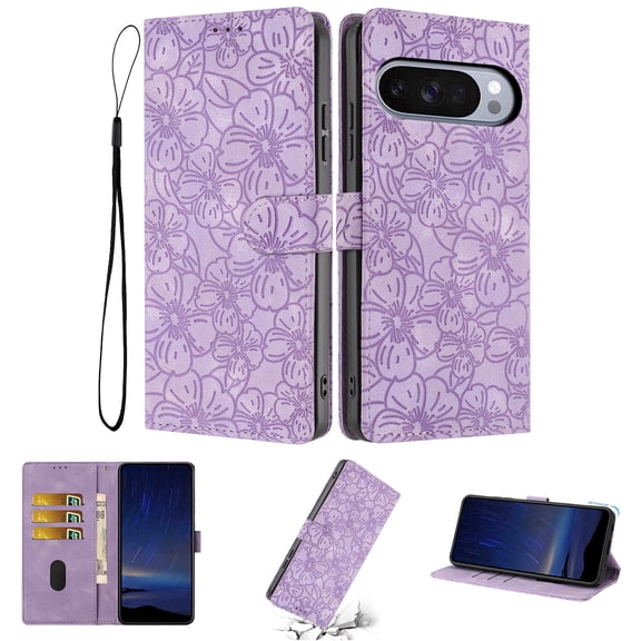 for Google Pixel 9 Pro XL Wallet Case with Card Holder Credit Card Slots, Premium Flower Pattern PU Leather Case with Flip Kickstand, Full Body Protection Shockproof Magnetic Clasp Cover, Purple