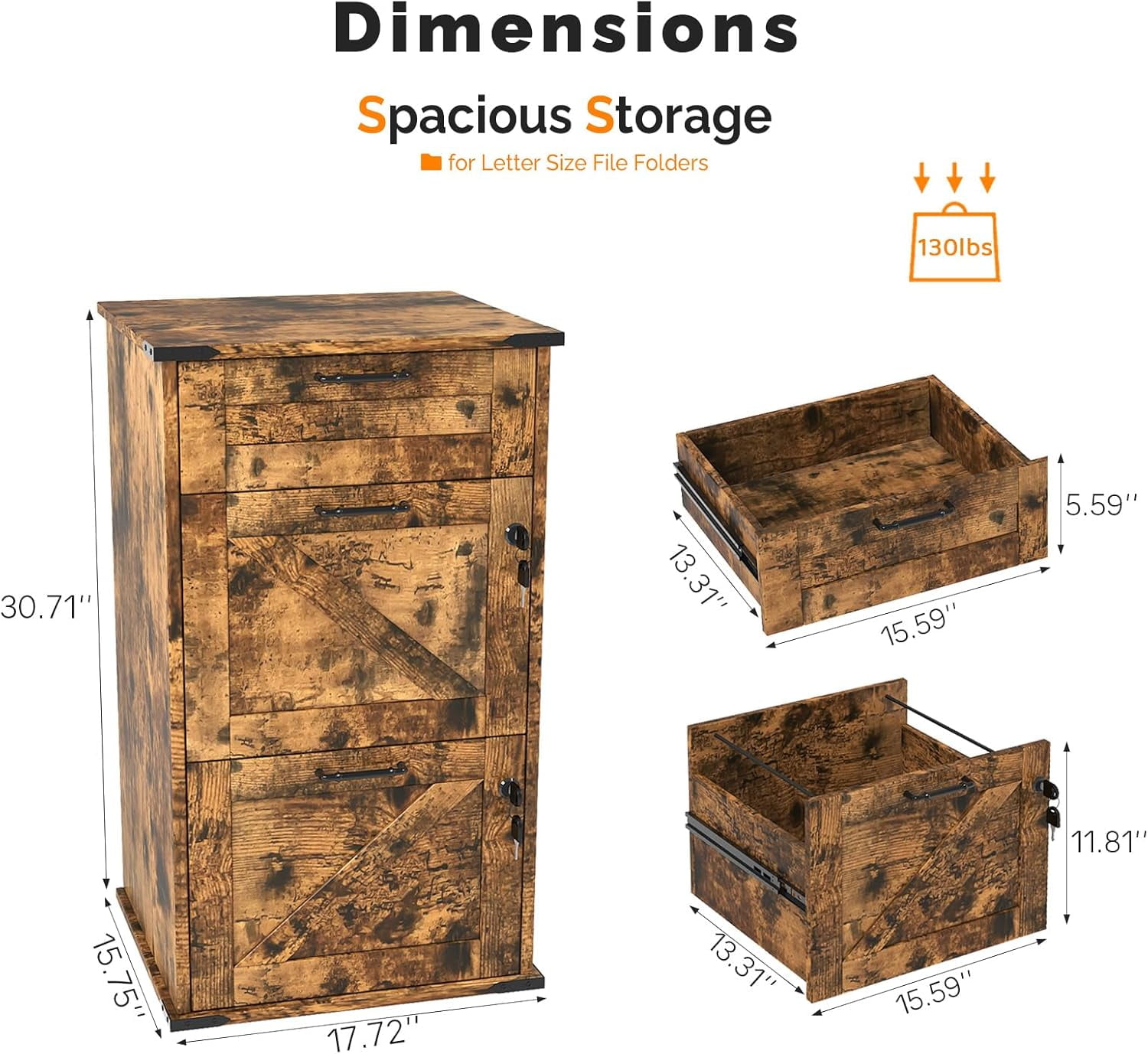 UBesGoo Farmhouse File Cabinet with 3-Drawer Wood Vertical File Storage Cabinet with Individual Lock and Rustic Metal Handles, Brown