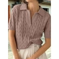 thumbnail image 3 of Women'S Cable Short Sleeve Sweaters Tops Solid Lapel V Neck Knit Casual Soft Pullover Shirt Camel M, 3 of 4