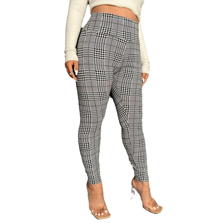 Casual Plaid Regular Black and White Plus Size Leggings (Women's