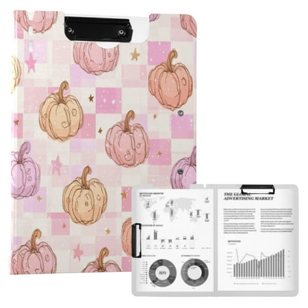 A4 Double Clip File Folder 18.9×12.6in Clipboards Foldable Binder Holds 80 Sheets Project Folder for Office Home Pink and Peach-colored Pumpkins