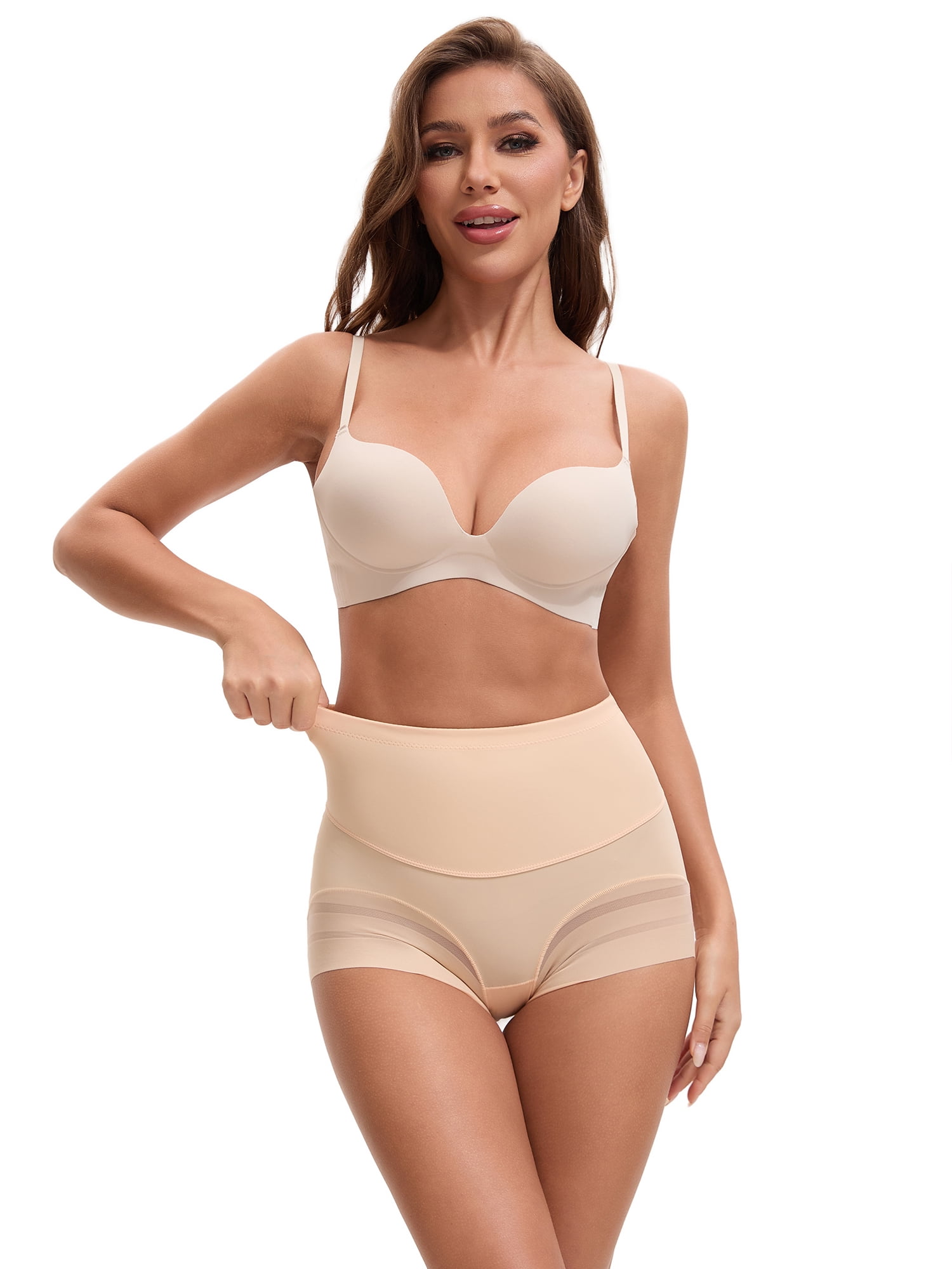 Unique Bargains Tummy Control Shapewear Stripe Mesh Underwear Panties XL Beige