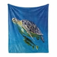 thumbnail image 1 of Turtle Soft Flannel Fleece Throw Blanket, Angry Looking Sea Turtle Swimming with Remora Fishes Fauna Under the Sea, Cozy Plush for Indoor and Outdoor Use, 60" x 80", Blue Yellow Brown, by Ambesonne, 1 of 6
