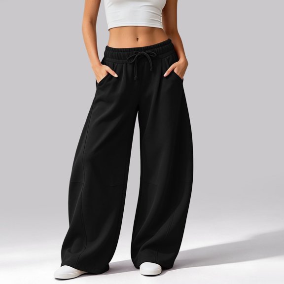 Stralyhd Wide Leg Womens Sweatpants Loose High Waisted Fleece Pants Winter Sweat Trousers Casual Fashion Outfits with Pockets Black M