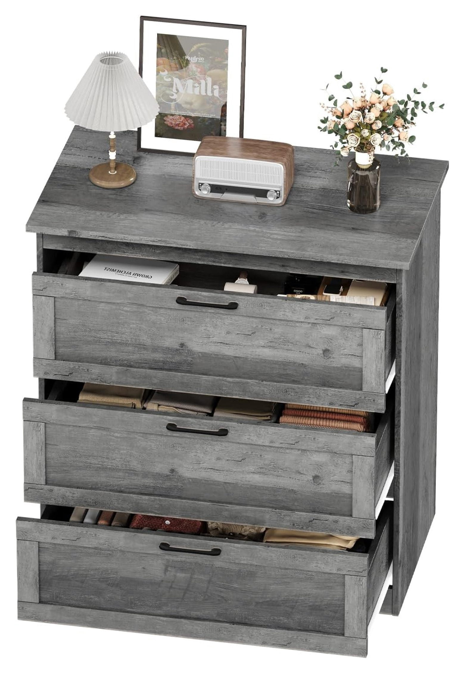 Farmhouse Chest of Drawers, Small Dressers with 3 Drawers for Bedroom, Living Room, Wooden Storage Cabinet, Grey