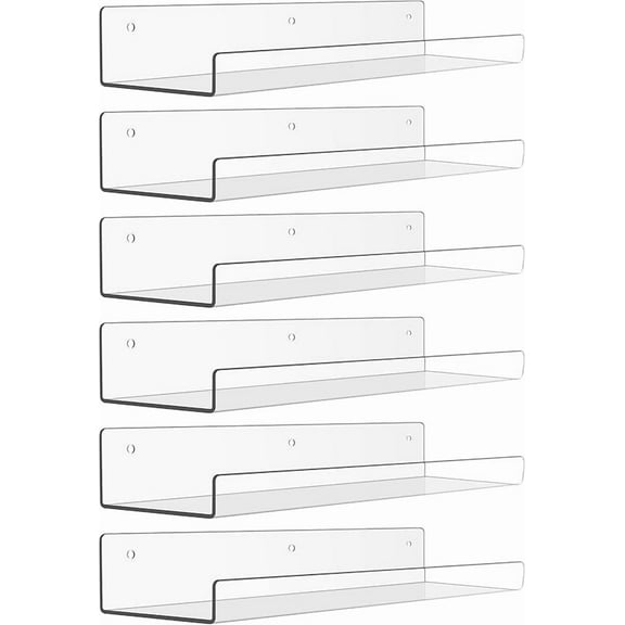 6 Pack Acrylic Shelves for Wall Storage, 15" x 4“ Floating Bookshelves for Kids, Display Shelf Organizer for Bathroom, Bedroom, Living Room, Kitchen, Room Decor, Clear