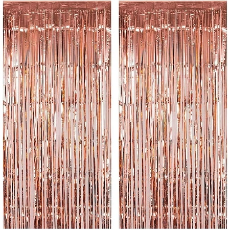 Image of NOGIS Foil Fringe Curtains 2PCS 3ft x 8.3ft Metallic Tinsel Photo Booth Backdrop for Wedding Birthday Bachelorette Christmas Party Decorations (Rose Gold)