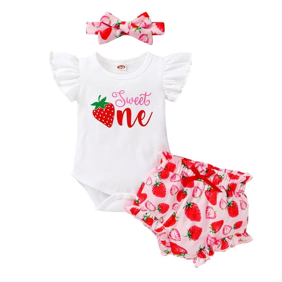 Happy Town Toddler Baby Girls 1st Birthday Summer Outfits Ruffle Sleeveless T-Shirt   Shorts   Headband Girls Set