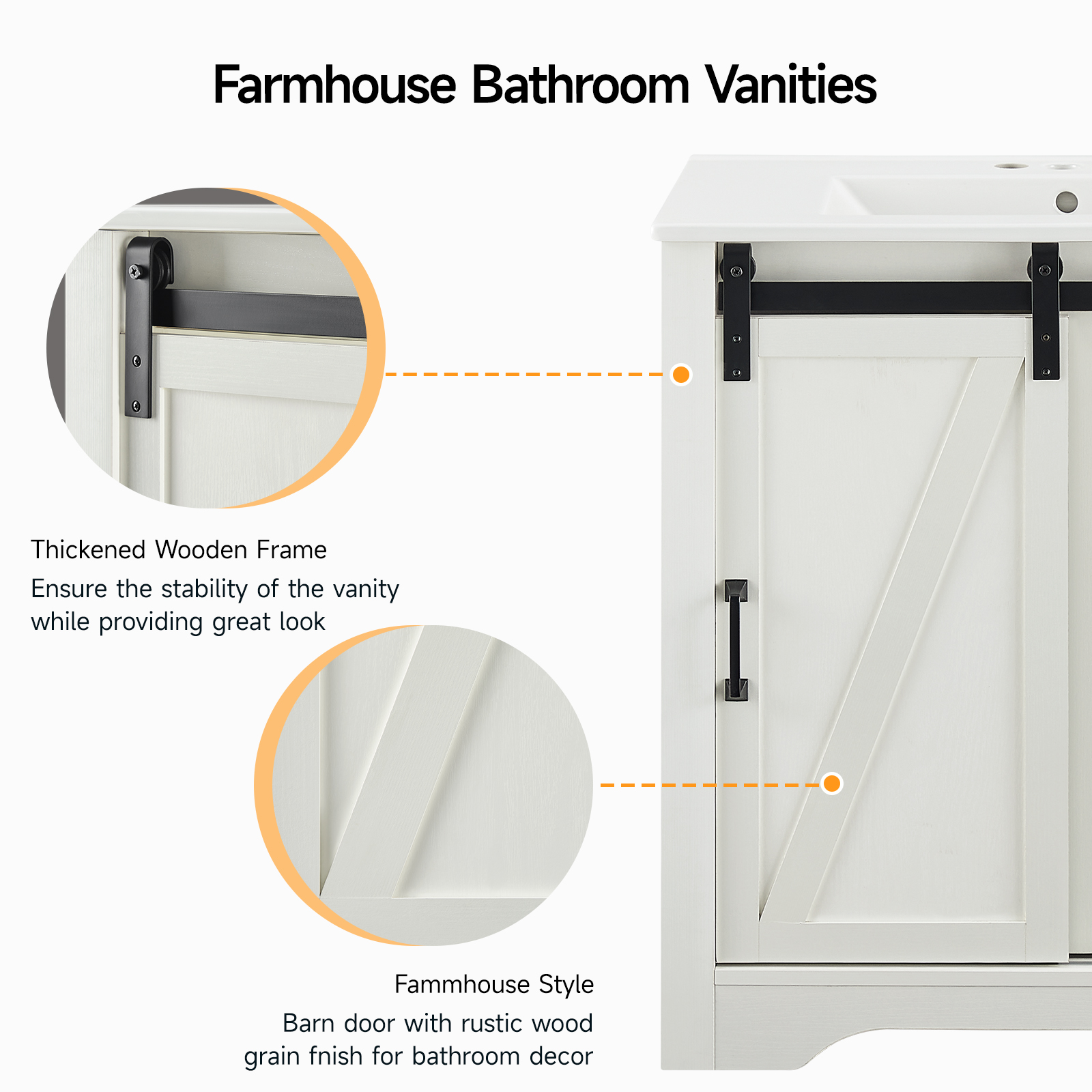 30 Inch Bathroom Vanity with Sink Combo, Farmhouse Bathroom Vanities with Sliding Barn Door & Metal Handle, Freestanding Single Sink Cabinet with Adjustable Shelve & Thicken Frame (White)