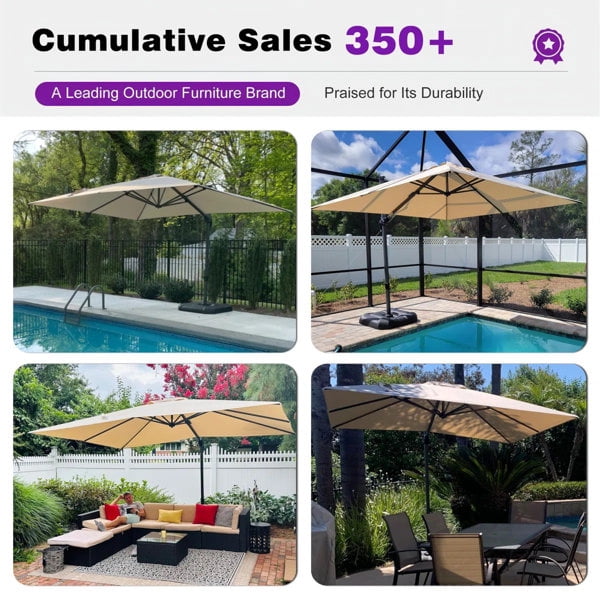 PURPLE LEAF OUTDOOR 8FT Square Cantilever Umbrella with Base - 360° Rotating Waterproof Patio Umbrella, Khaki Sun Shade for Poolside Deck Garden Backyard