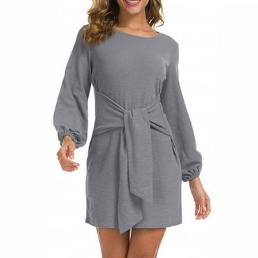 Gray Pure Color Tie-Waist Long Lantern Sleeve Short Dress, Perfect for Cocktails and Dating