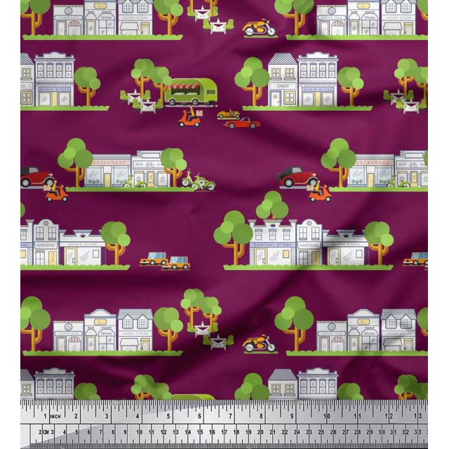 Soimoi Silk Fabric Vehicles,Tree & Shops Architectural Print Sewing Fabric Yard 42 Inch Wide