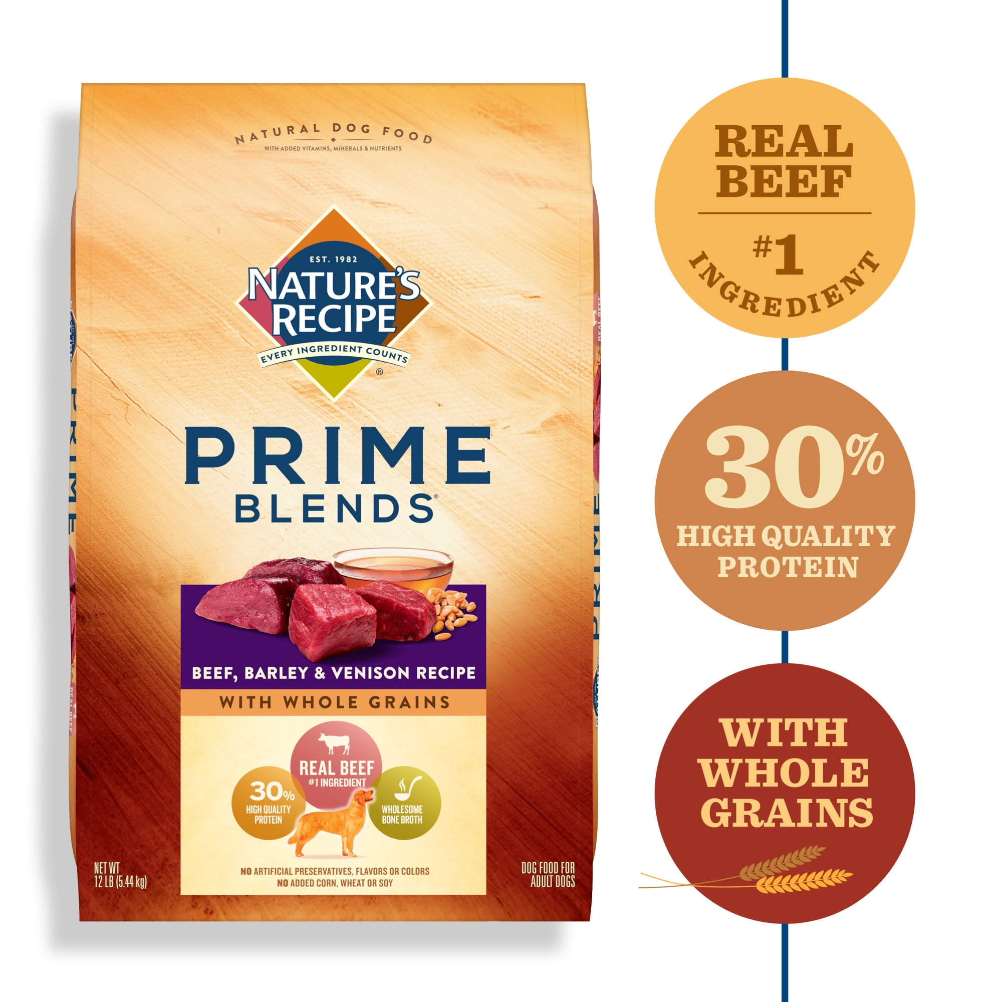 Nature’s Recipe Prime Blends Dry Dog Food, Beef, Barley & Venison Recipe, 12-Pound Bag