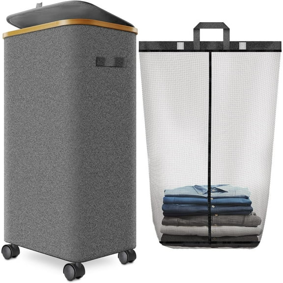 Laundry Hamper with Wheels,29 Gal (110L) Laundry Basket with lid Rolling Clothes Hamper Foldable Dirty Clothes Basket on wheels with Bamboo Frame and Bag for Bedroom, Dorm, Laundry Room-Grey