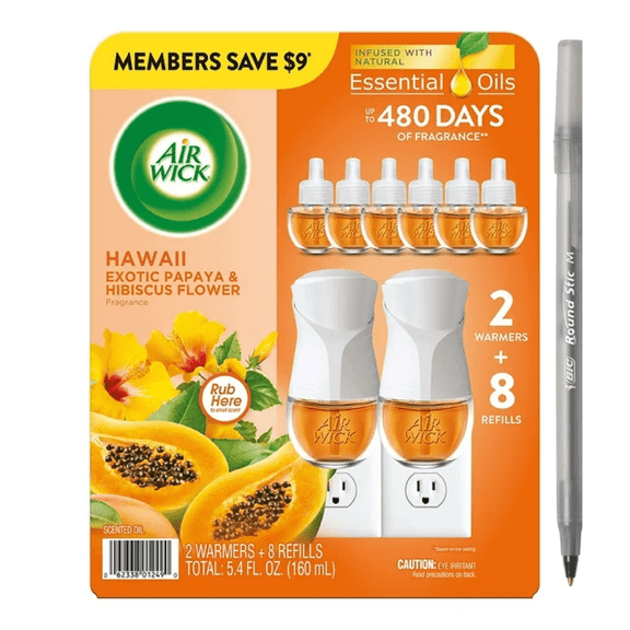 Air Wick Scented Oil Kit, Hawaii Exotic Papaya & Hibiscus Flower, 2 warmers 8 refills with pen