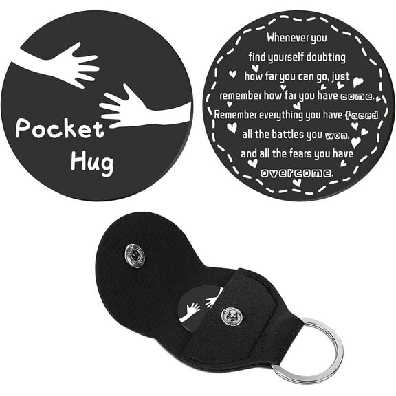 Pocket Hug Token Long Distance Relationship Keepsake Stainless Steel Double Sided Inspirational Gift with PU Leather Keychain for Friends 1.2 Inch-Just Remember How Far You Have Come(Black)