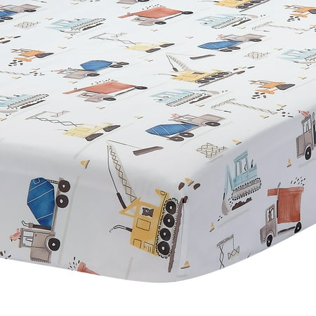 UPC: 0084122016057 | Bedtime Originals Construction Zone Baby Fitted Crib/Toddler Sheet- White/Trucks