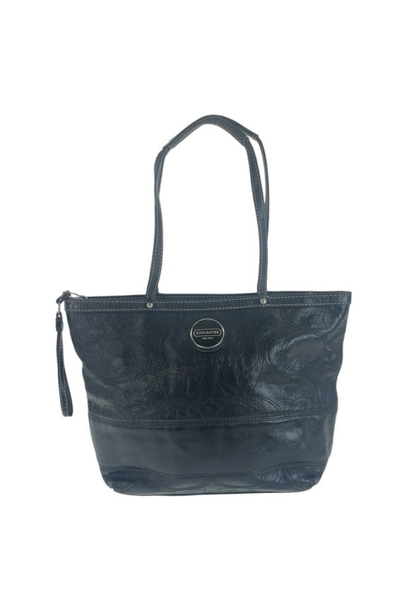Pre-Owned COACH Big Signature Black Silver Hardware Leather Tote Bag Shoulder for Women