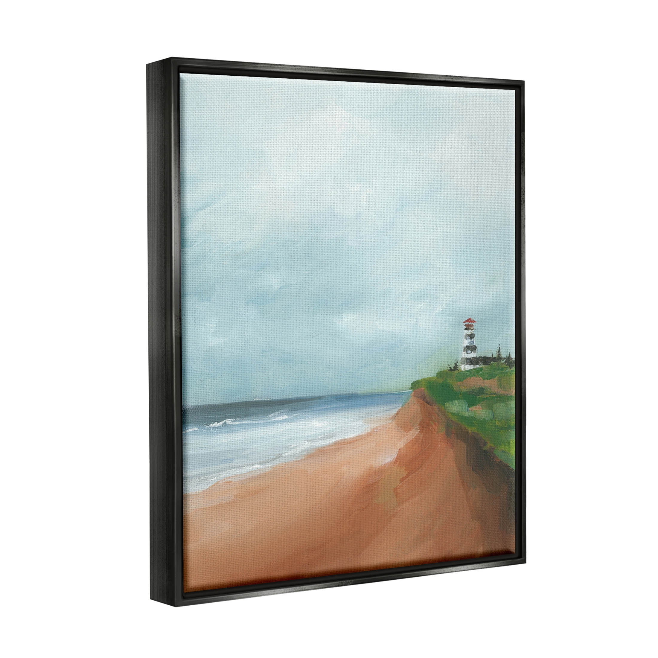 Distant Lighthouse Beach Shore Coastal Painting Jet Black Framed Art Print Wall Art