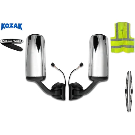 Kozak Replacement Chrome Heated Door Side Mirrors pair SET (Left Driver and Right Passenger Side) for Freightliner Cascadia 2008-2017 PLUS Logo Emblem, 2x 22 inch Windshield Wipers and KOZAK Vest