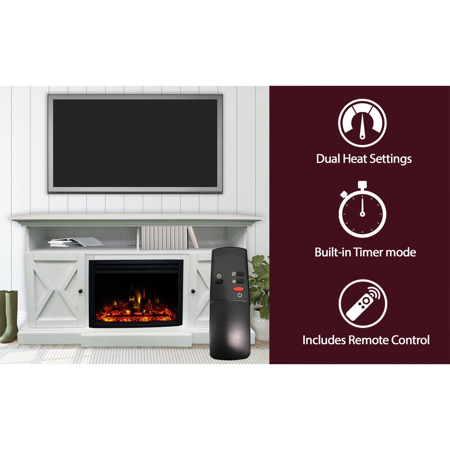 Cambridge 62-in. Summit Farmhouse Style Electric Fireplace Mantel with Deep Log Insert, White