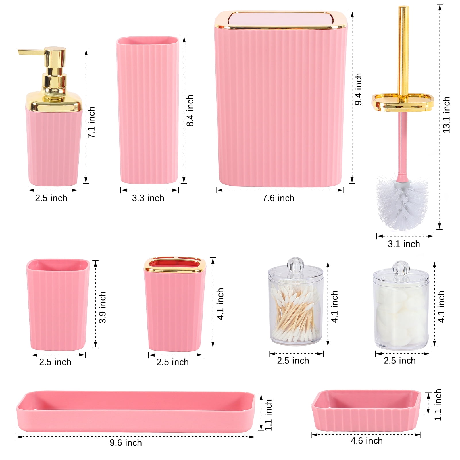 Bathroom Accessories Set,9 Piece Pink Bathroom Sets Complete With Toothbrush Holder, Trash Can, Lotion Soap Dispenser, Toothbrush Cup, Vanity Tray, Soap Dish, Toilet Brush, Qtip Holder