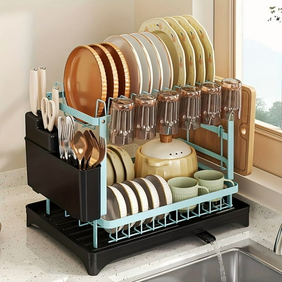 2-Tier Metal Dish Drying Rack with Drainboard, Multifunctional Kitchen Dish Rack with Utensil & Cup Holder, Space-Saving, Rustproof, Black