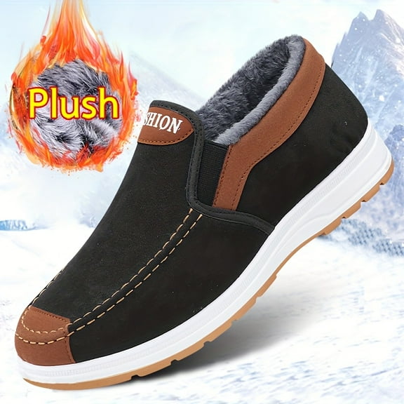 Men's Winter Snow Boots with Plush Lining & Ankle - Slip-On/Drop-Lock Closure, Ankle-High Traction Tread (PU Sole) for Ice & Snow - Casual Hiking, Outdoor Shoes - Warm Brown/Black Booties