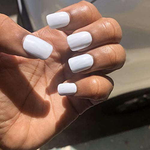Glossy Press On Nails White Short Square Fake Nails Full Cover Artificial False Nails For Women And Girls Walmart Com