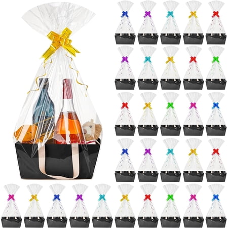 30 Pcs Basket for Gift Empty DIY Bulk Gift Basket Kit with Handle Kraft Cardboard Tray with 30 Bag 30 Bow Market Tray for Wedding Party(Black,12.6 x 9.8 x 5.9 in)