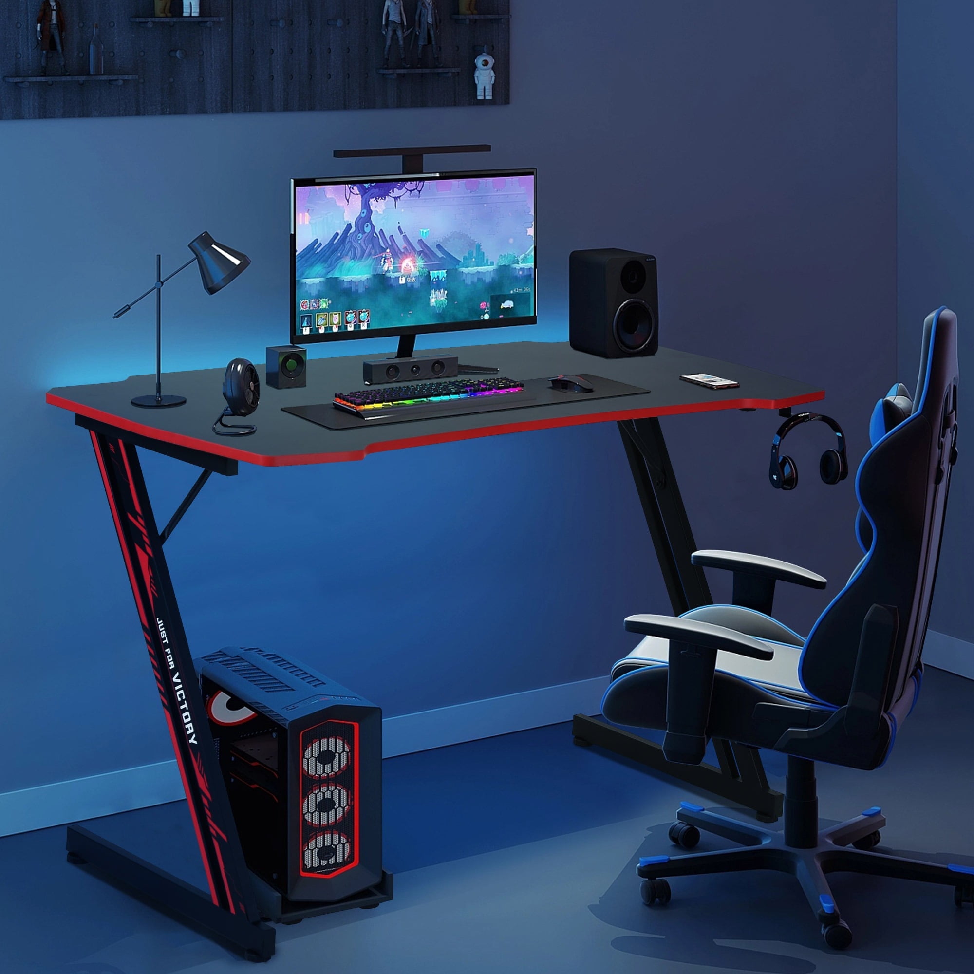 CL.HPAHKL 39 inch Small Gaming Desk, Z Shaped PC Computer Desk Gaming Workstation with Headphone Hook, Ergonomic Gaming Table PC Desk for Game Players, Red